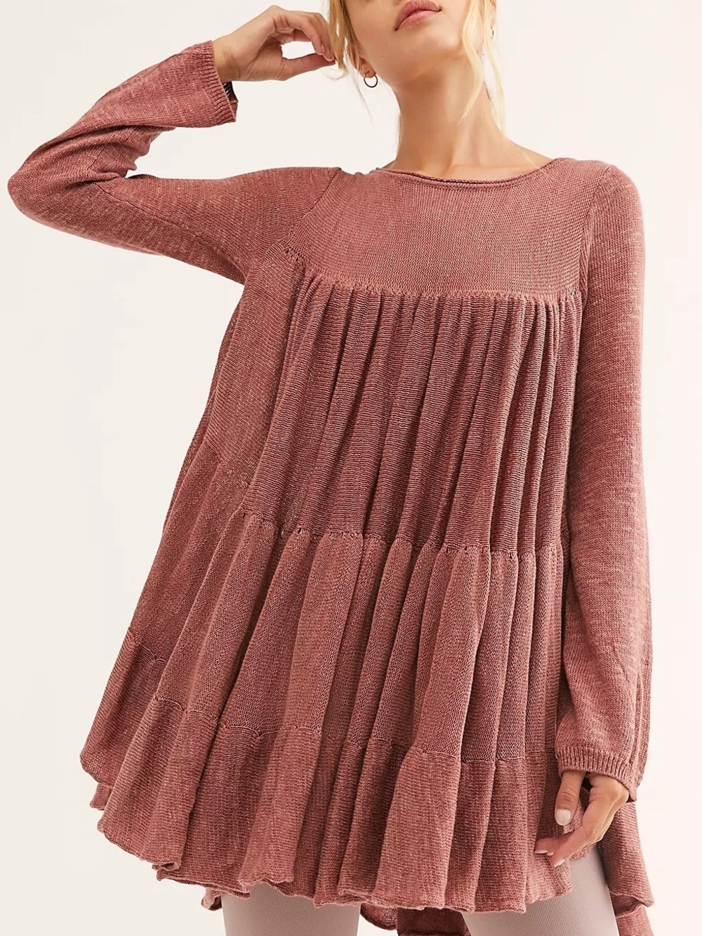 Free People Pleated Long-Sleeve Swing Dress in Dusty Rose